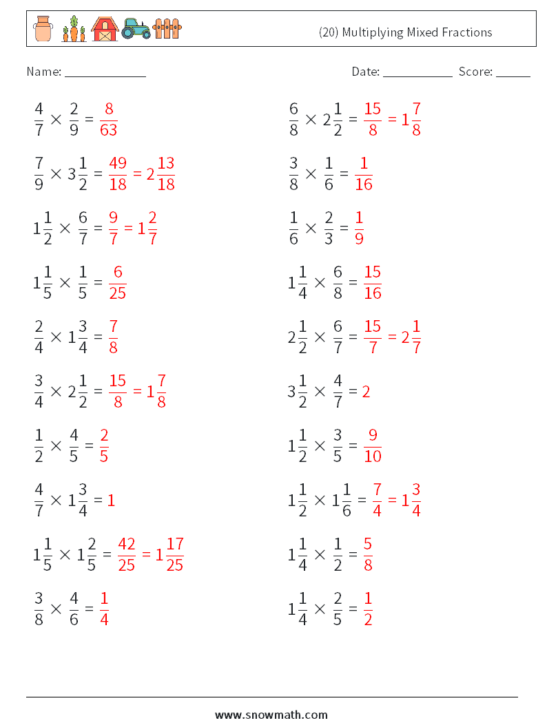(20) Multiplying Mixed Fractions Math Worksheets 7 Question, Answer