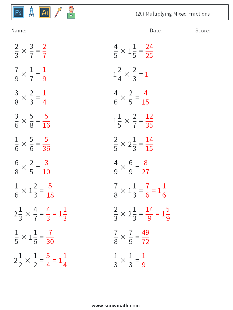 (20) Multiplying Mixed Fractions Math Worksheets 8 Question, Answer