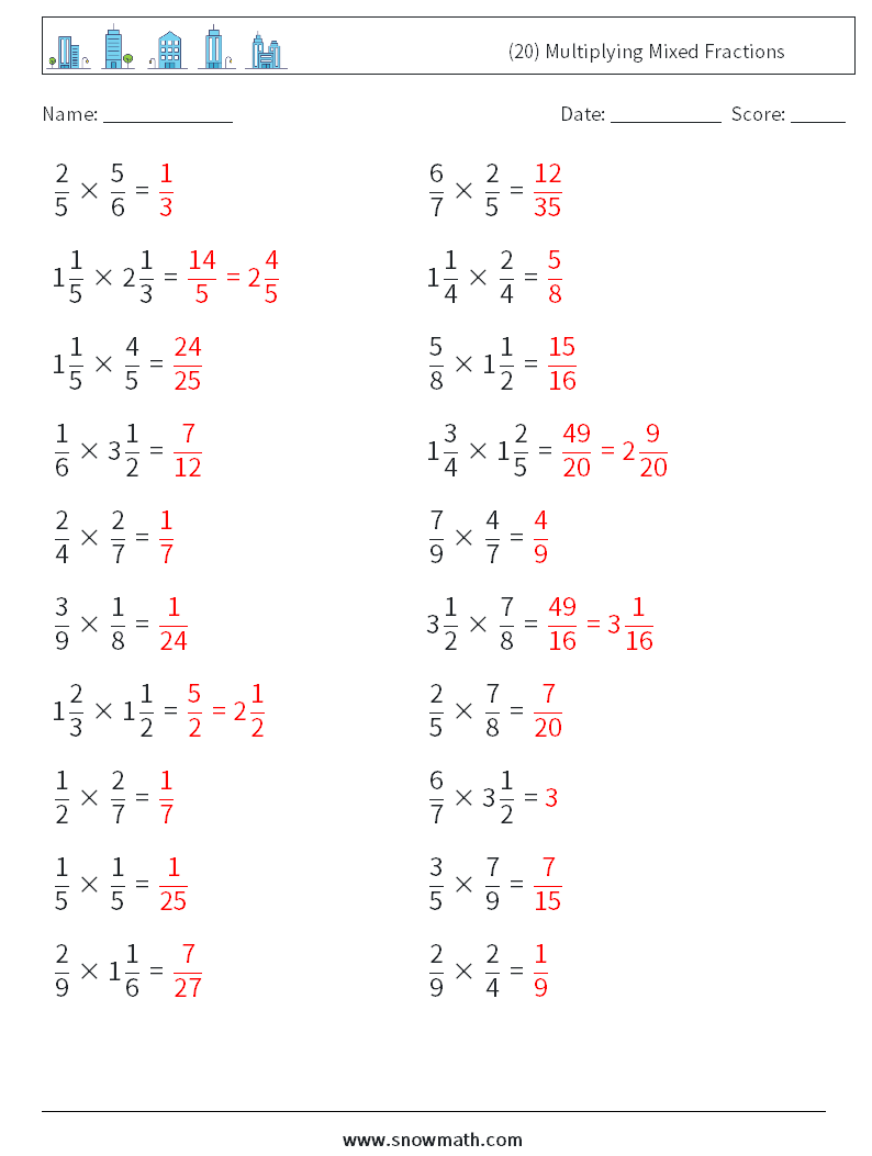 (20) Multiplying Mixed Fractions Math Worksheets 9 Question, Answer