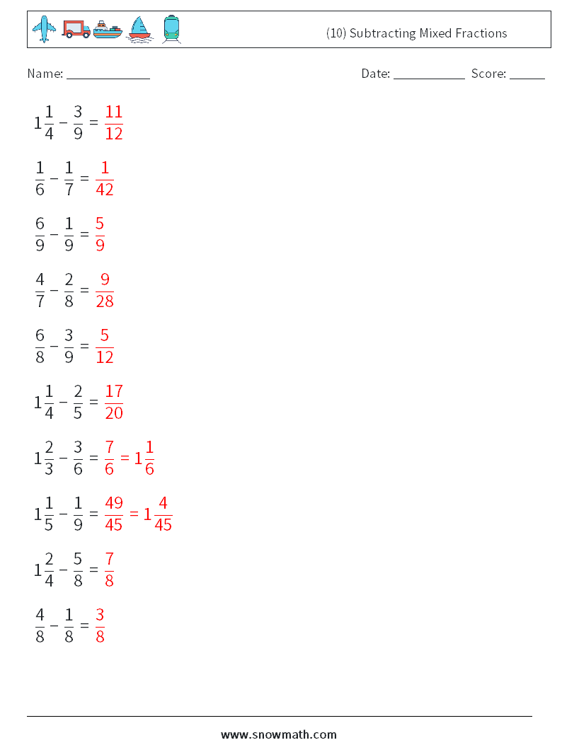 (10) Subtracting Mixed Fractions Math Worksheets 10 Question, Answer