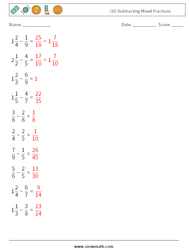 (10) Subtracting Mixed Fractions Math Worksheets 11 Question, Answer