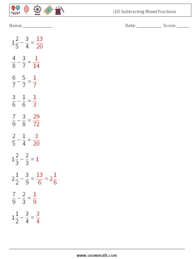 (10) Subtracting Mixed Fractions Math Worksheets 12 Question, Answer