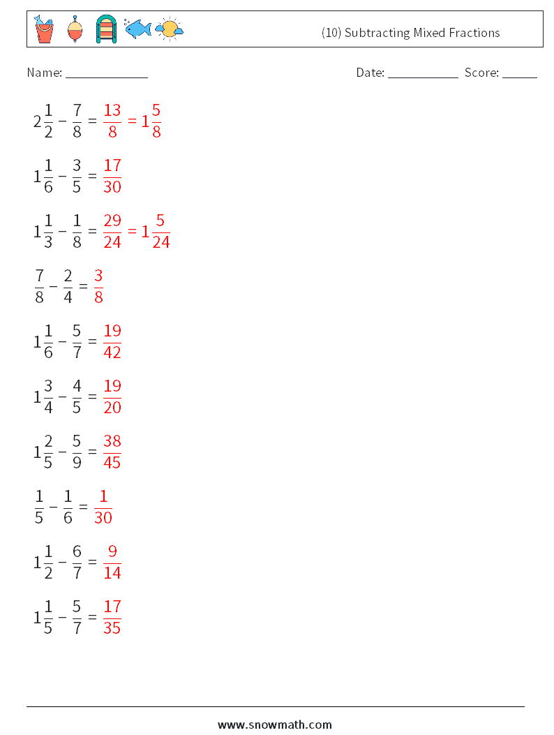 (10) Subtracting Mixed Fractions Math Worksheets 14 Question, Answer