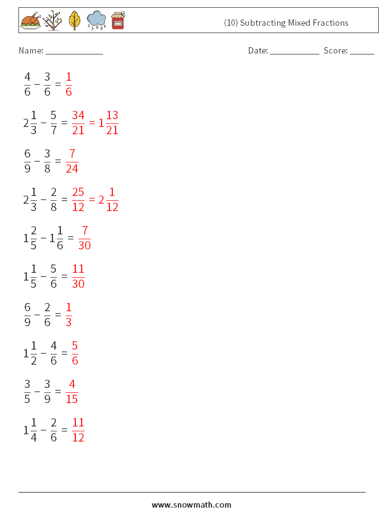 (10) Subtracting Mixed Fractions Math Worksheets 15 Question, Answer