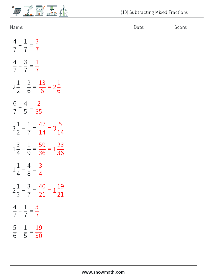 (10) Subtracting Mixed Fractions Math Worksheets 16 Question, Answer