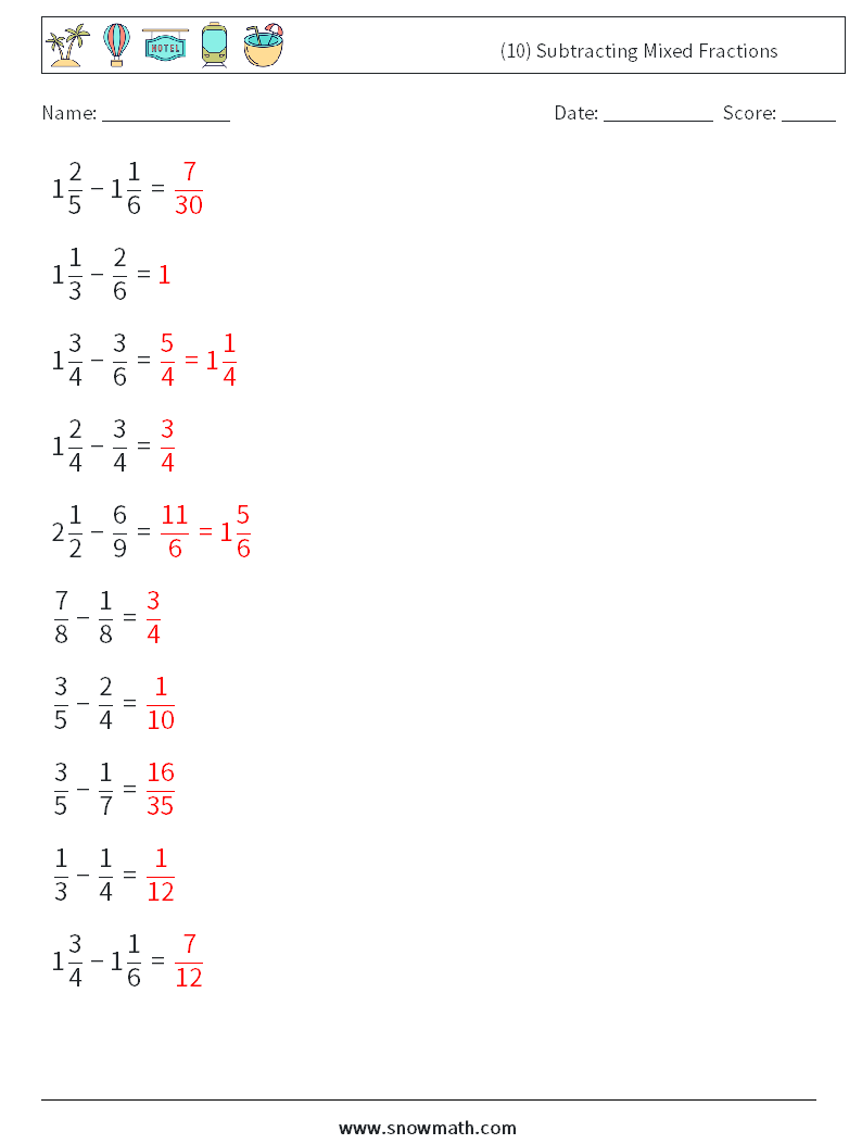 (10) Subtracting Mixed Fractions Math Worksheets 17 Question, Answer