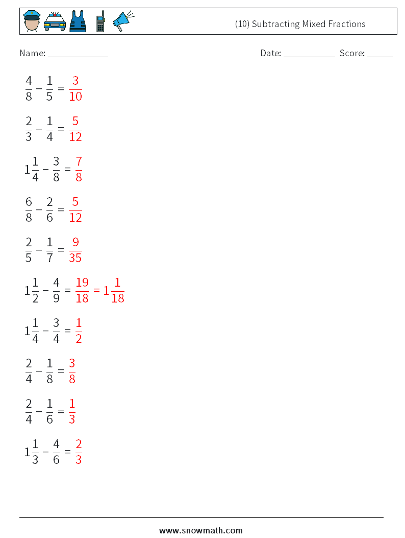 (10) Subtracting Mixed Fractions Math Worksheets 18 Question, Answer