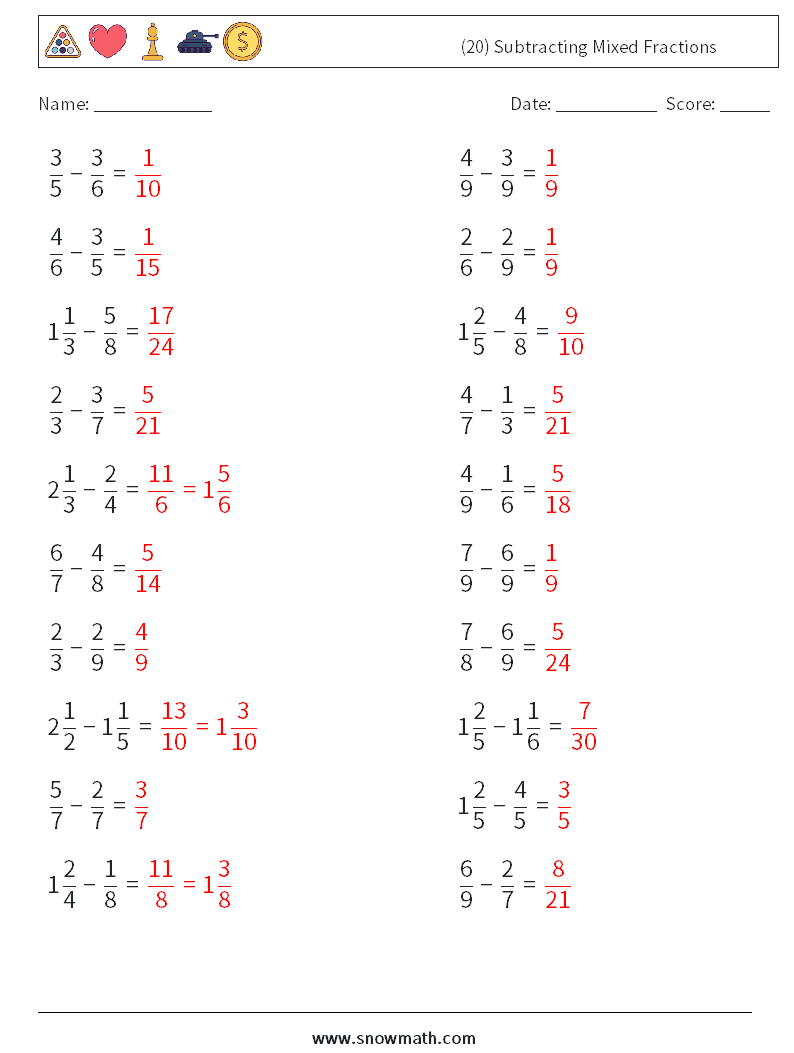(20) Subtracting Mixed Fractions Math Worksheets 10 Question, Answer