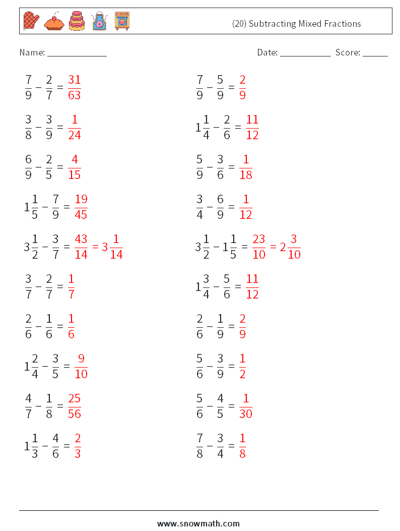 (20) Subtracting Mixed Fractions Math Worksheets 11 Question, Answer