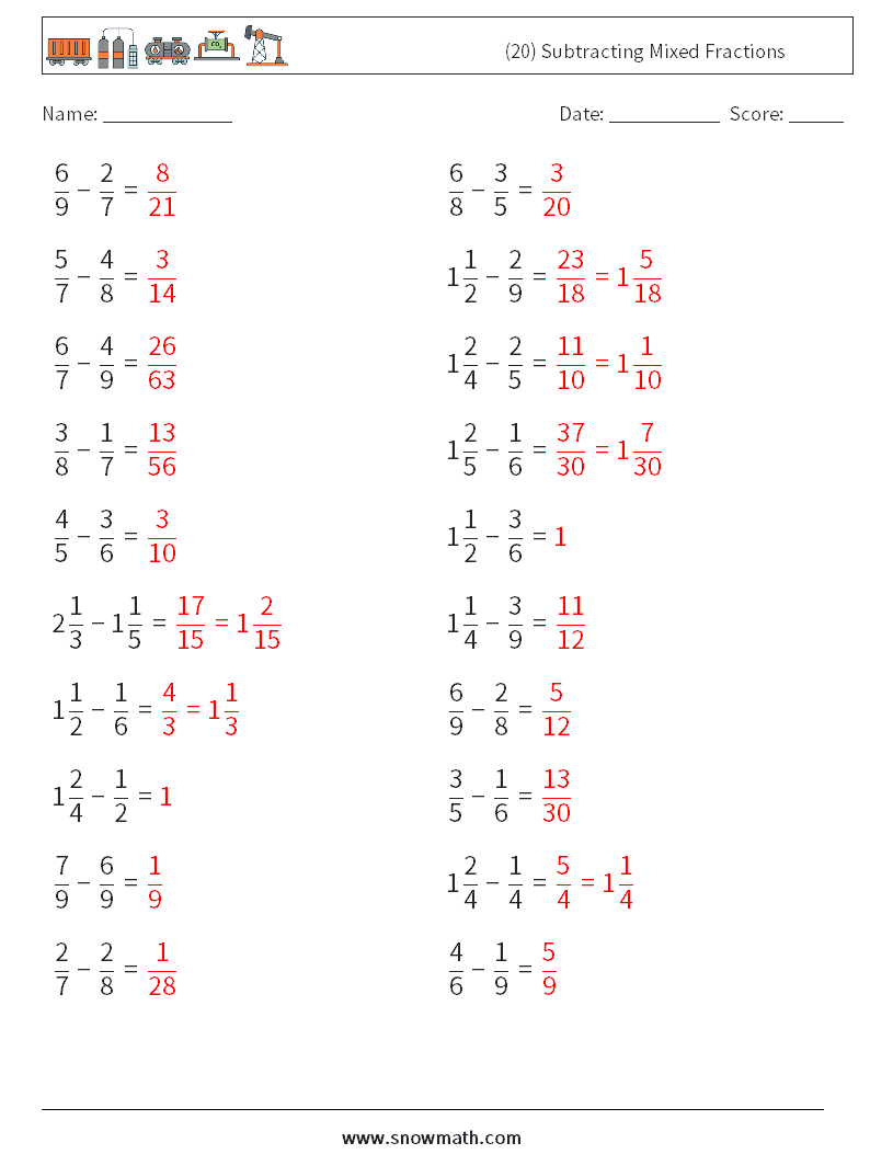 (20) Subtracting Mixed Fractions Math Worksheets 12 Question, Answer