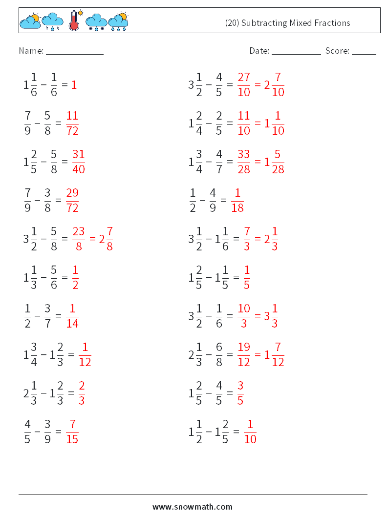 (20) Subtracting Mixed Fractions Math Worksheets 13 Question, Answer