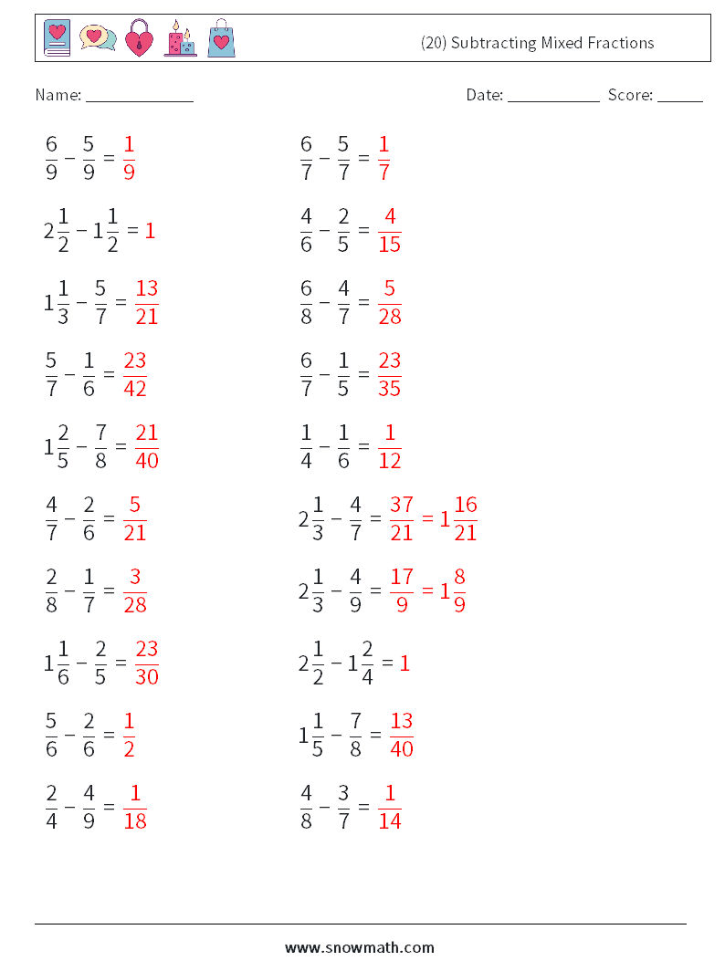 (20) Subtracting Mixed Fractions Math Worksheets 14 Question, Answer