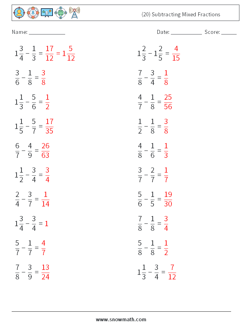 (20) Subtracting Mixed Fractions Math Worksheets 15 Question, Answer