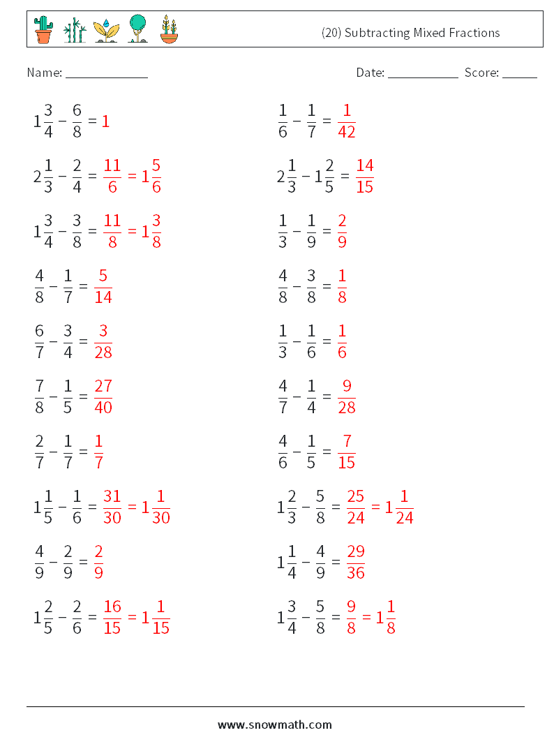 (20) Subtracting Mixed Fractions Math Worksheets 16 Question, Answer
