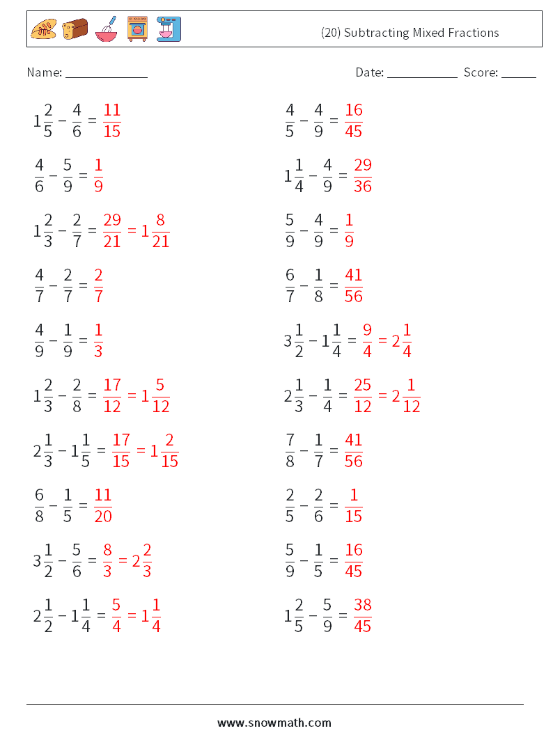 (20) Subtracting Mixed Fractions Math Worksheets 17 Question, Answer