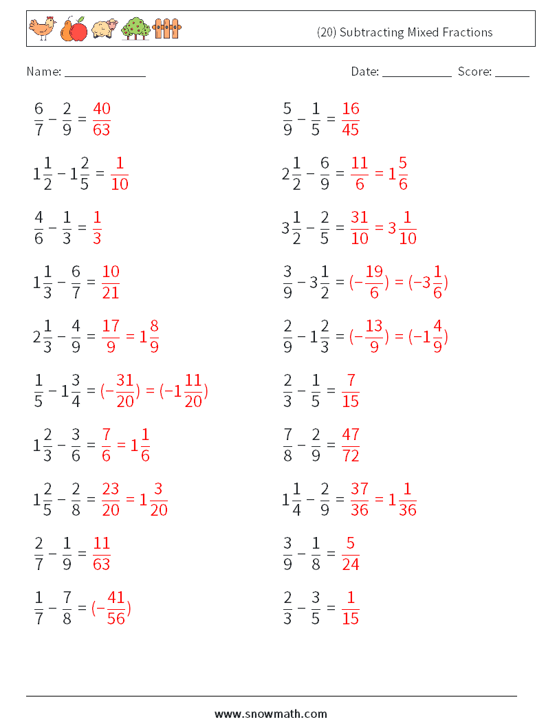 (20) Subtracting Mixed Fractions Math Worksheets 1 Question, Answer