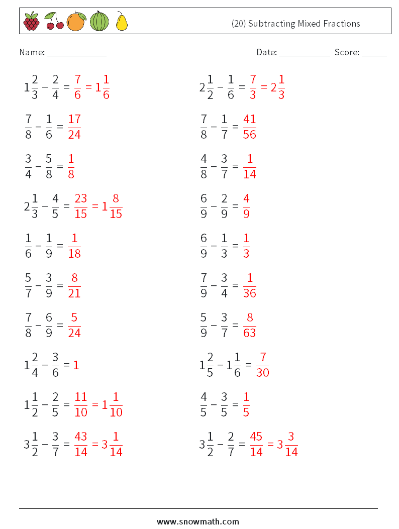 (20) Subtracting Mixed Fractions Math Worksheets 3 Question, Answer