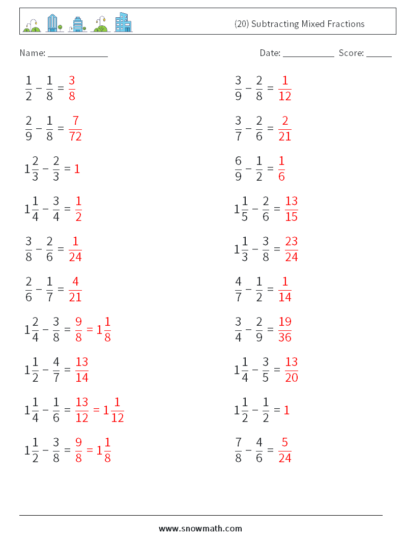 (20) Subtracting Mixed Fractions Math Worksheets 4 Question, Answer