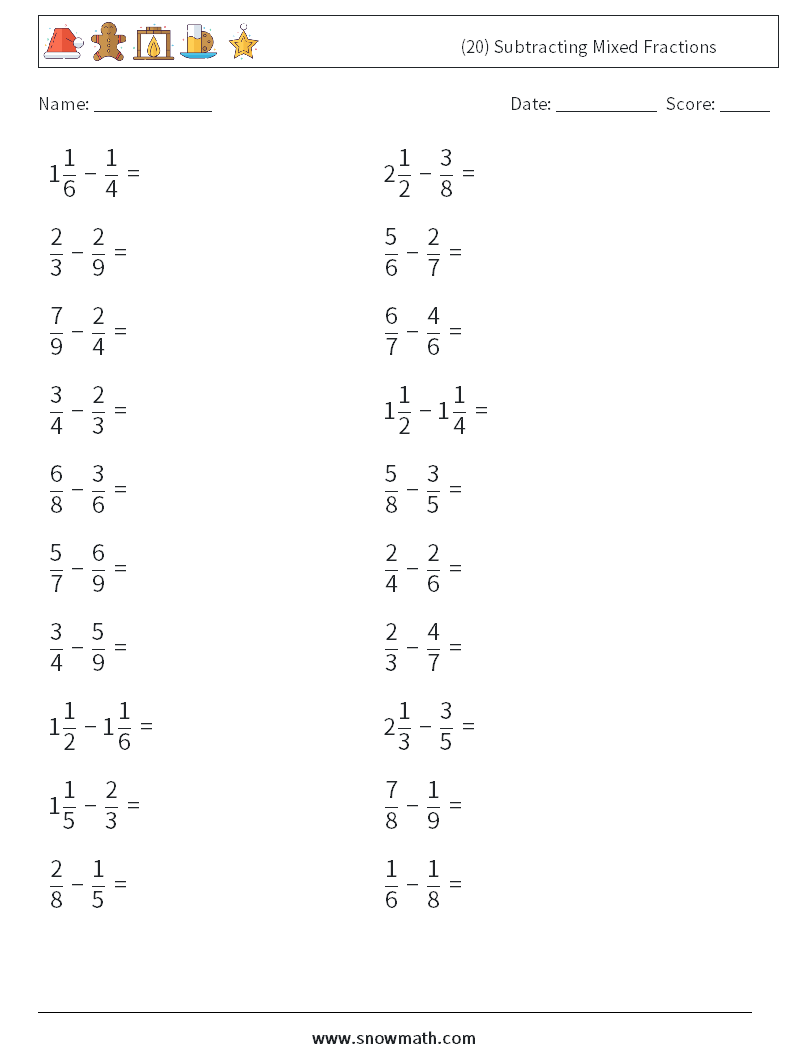 (20) Subtracting Mixed Fractions Math Worksheets 5