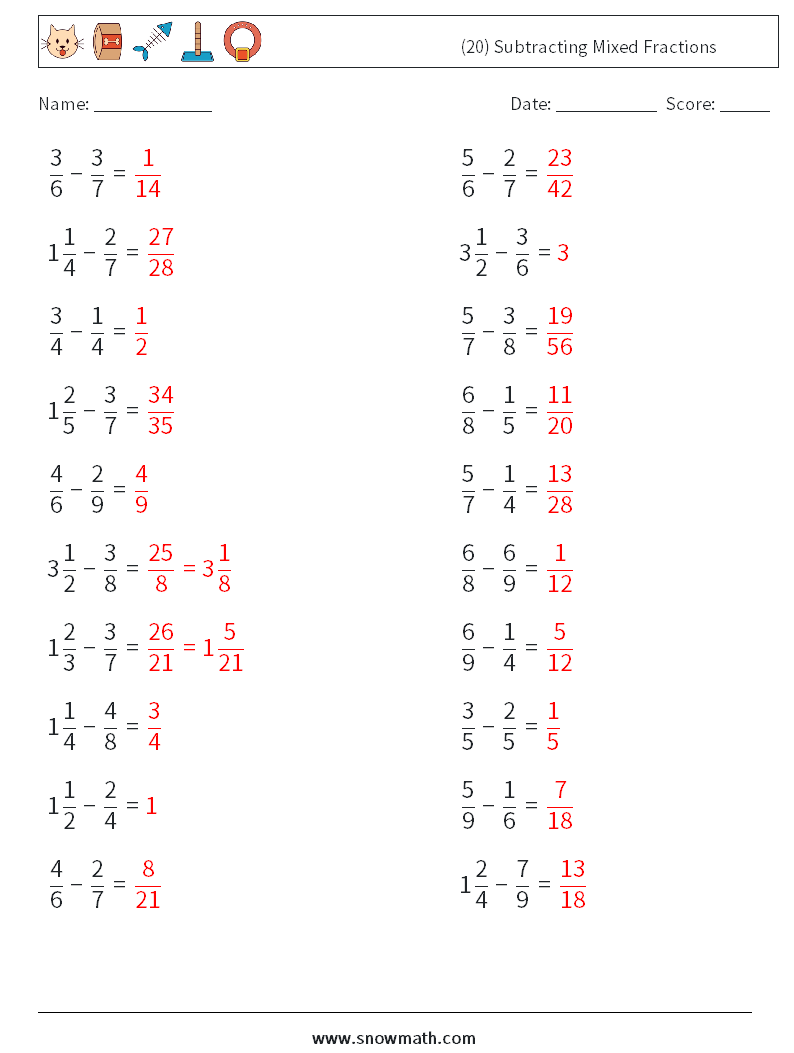 (20) Subtracting Mixed Fractions Math Worksheets 6 Question, Answer