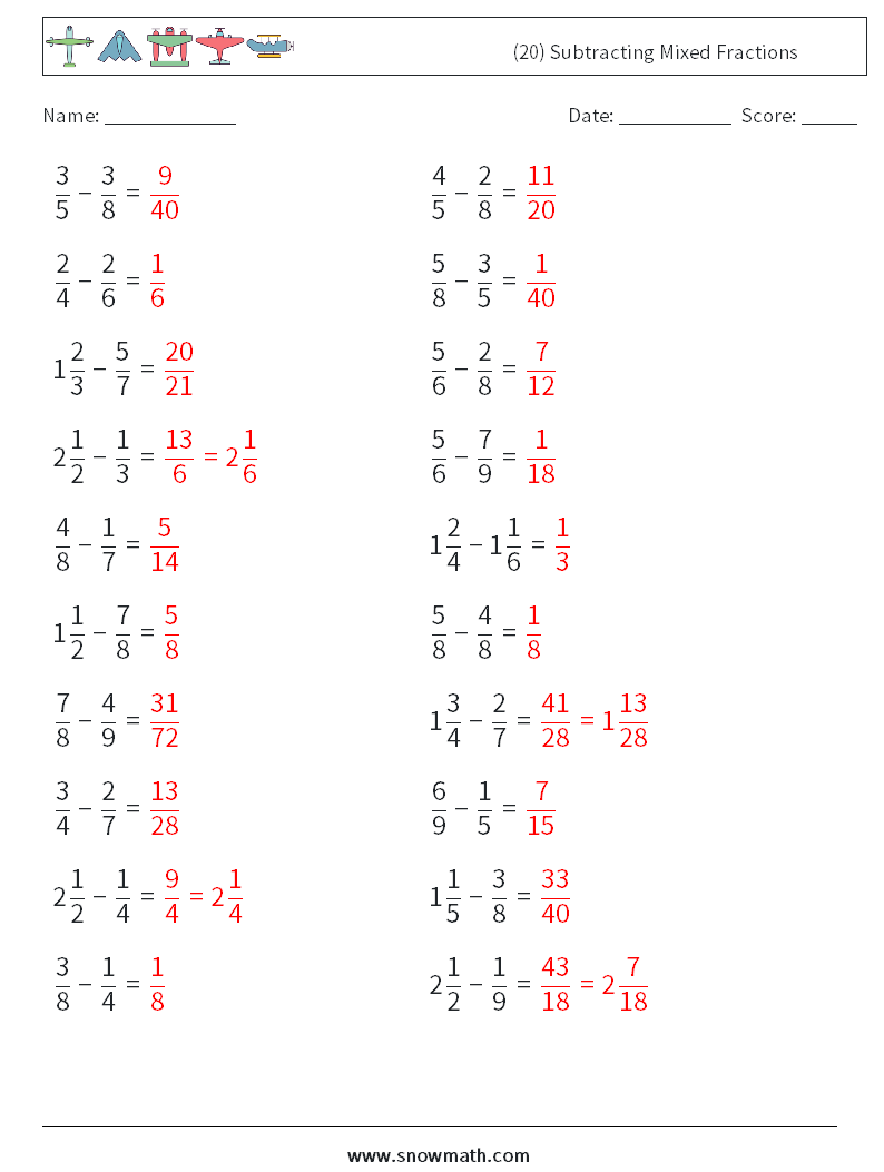 (20) Subtracting Mixed Fractions Math Worksheets 7 Question, Answer