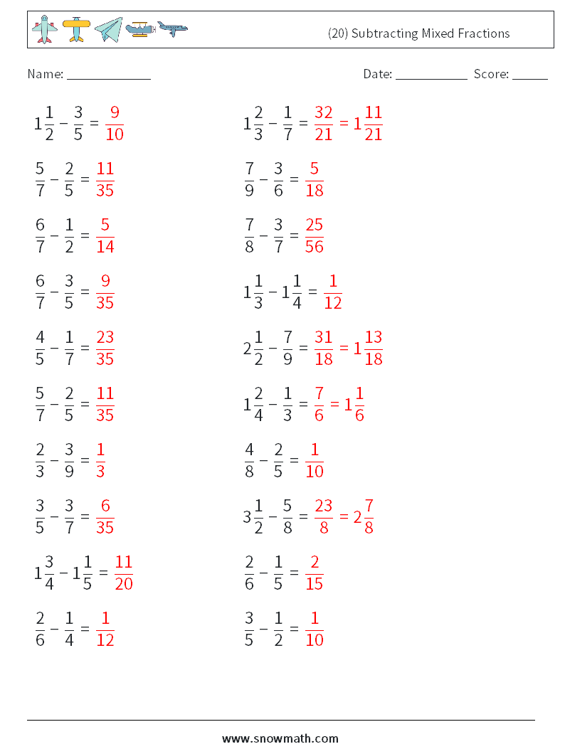 (20) Subtracting Mixed Fractions Math Worksheets 8 Question, Answer