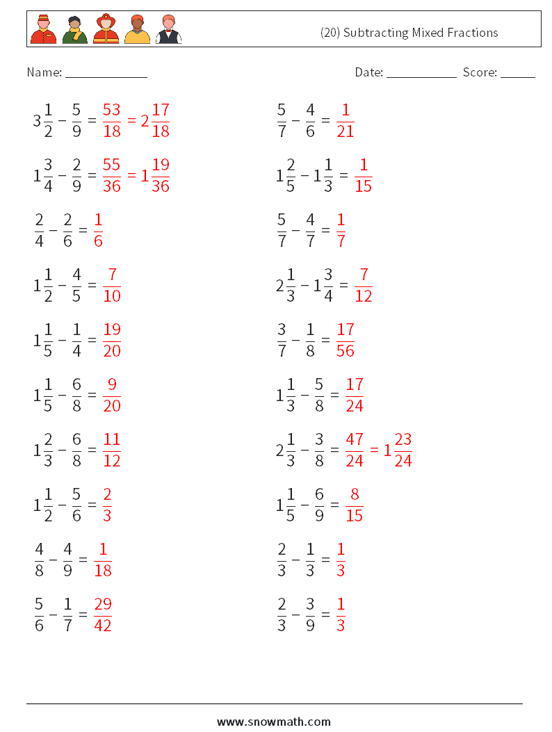 (20) Subtracting Mixed Fractions Math Worksheets 9 Question, Answer