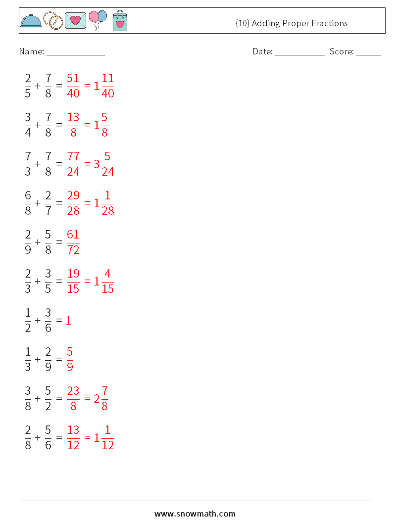 (10) Adding Proper Fractions Math Worksheets 14 Question, Answer
