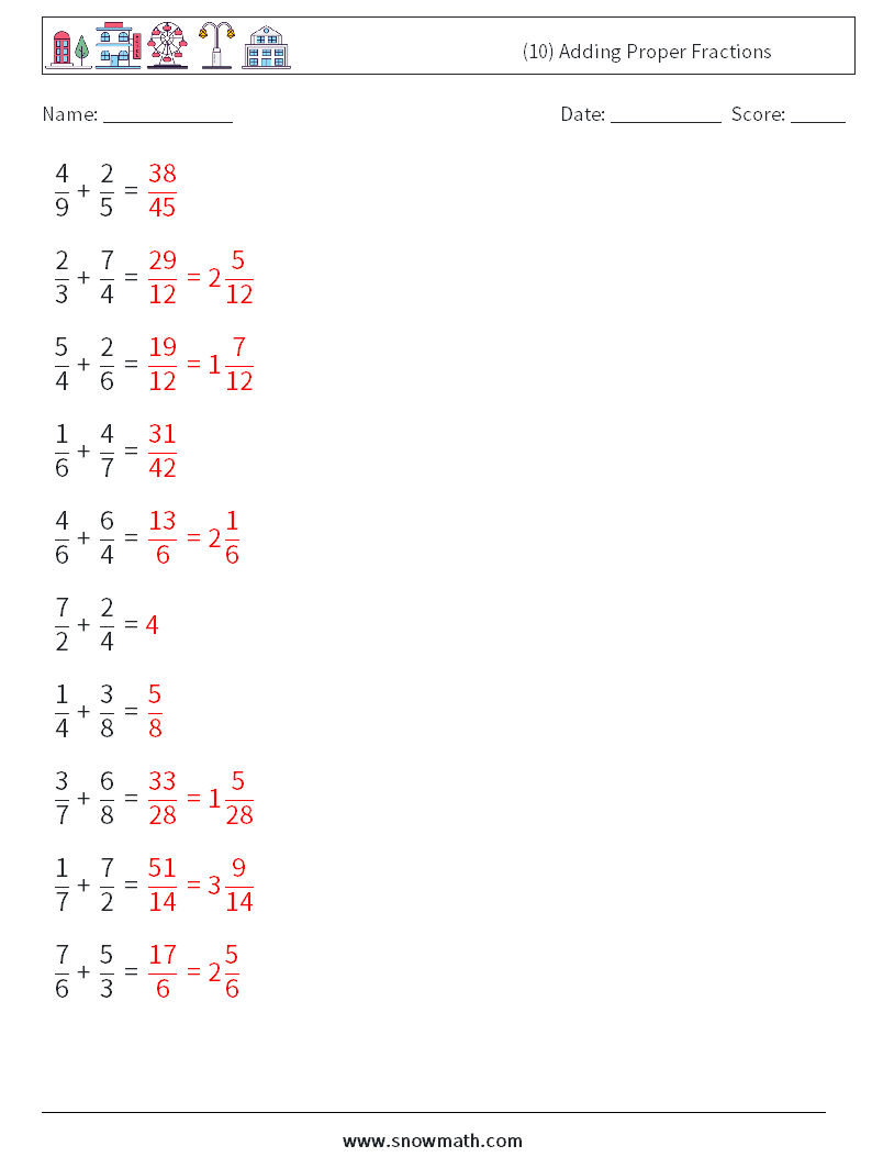 (10) Adding Proper Fractions Math Worksheets 15 Question, Answer
