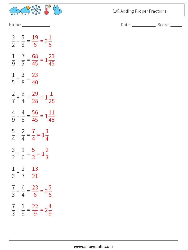 (10) Adding Proper Fractions Math Worksheets 16 Question, Answer