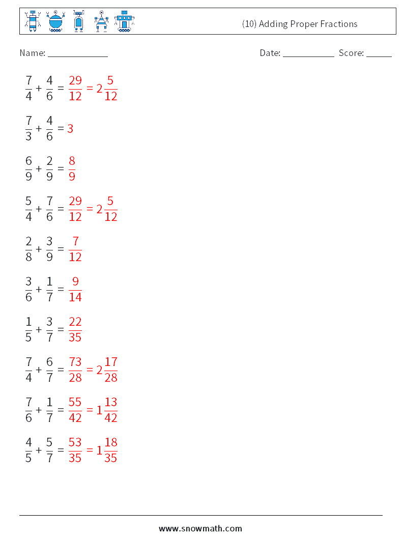 (10) Adding Proper Fractions Math Worksheets 1 Question, Answer