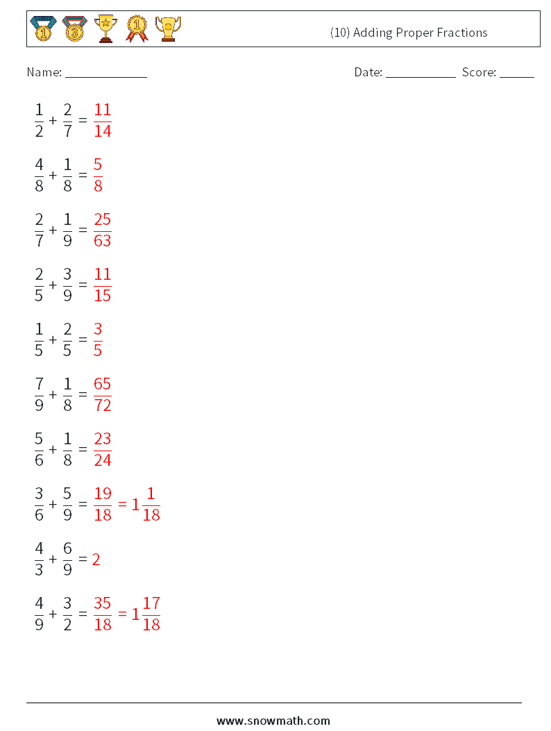 (10) Adding Proper Fractions Math Worksheets 3 Question, Answer