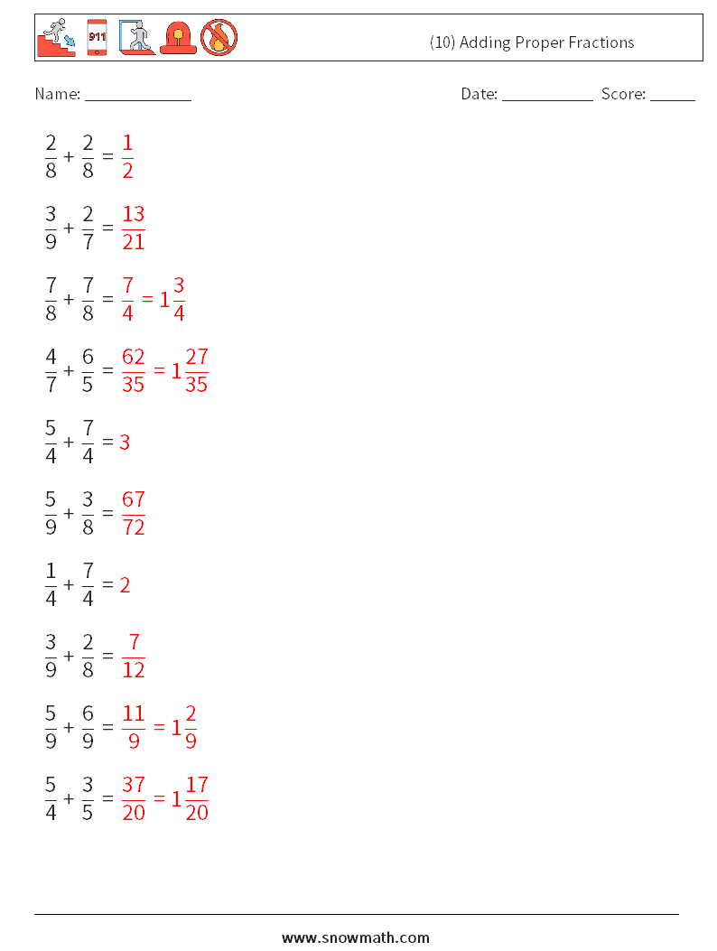 (10) Adding Proper Fractions Math Worksheets 4 Question, Answer