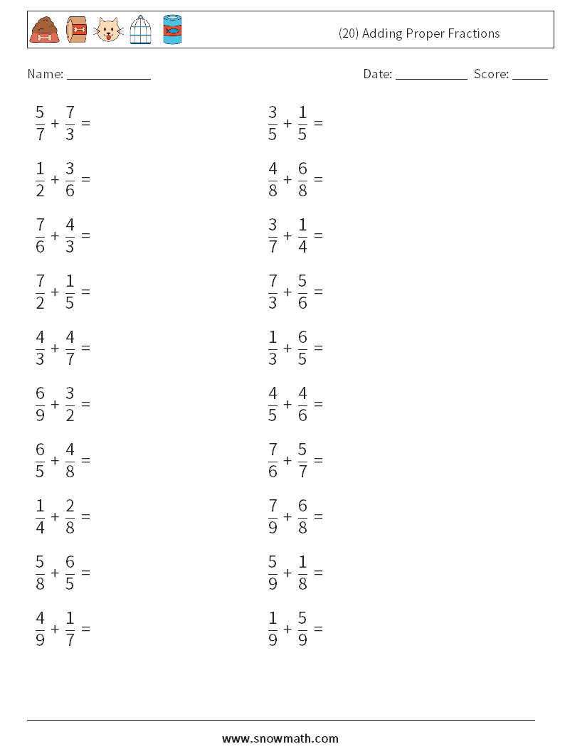 (20) Adding Proper Fractions Math Worksheets 10
