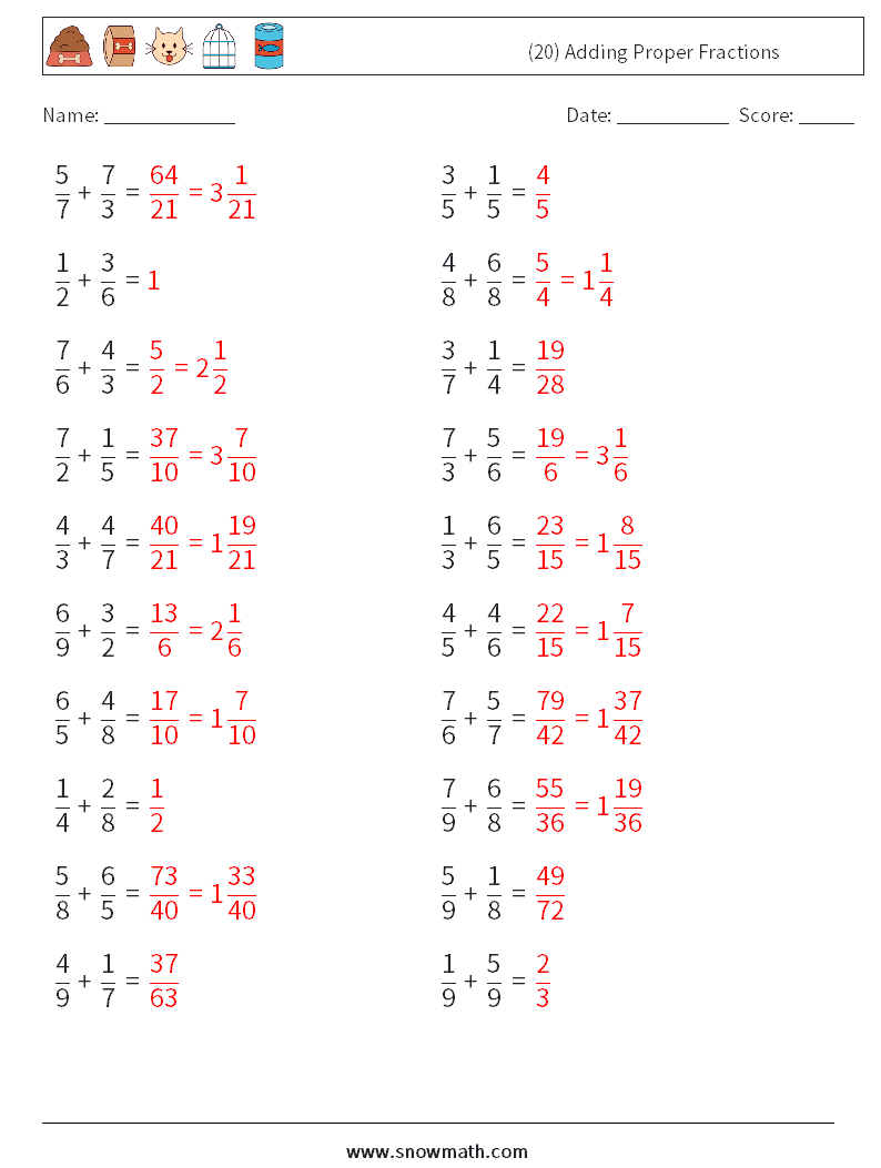(20) Adding Proper Fractions Math Worksheets 10 Question, Answer
