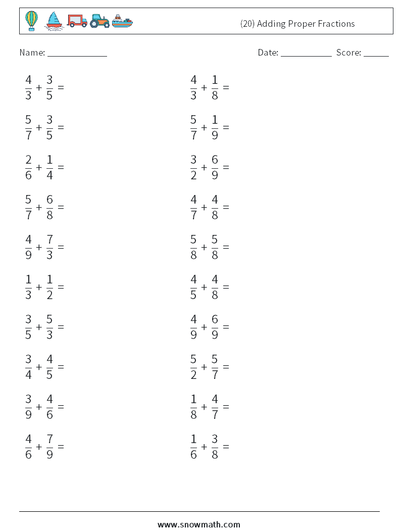 (20) Adding Proper Fractions Math Worksheets 11