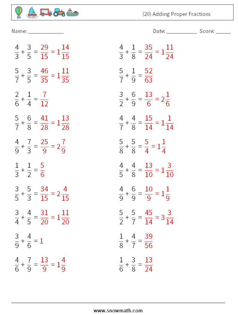 (20) Adding Proper Fractions Math Worksheets 11 Question, Answer