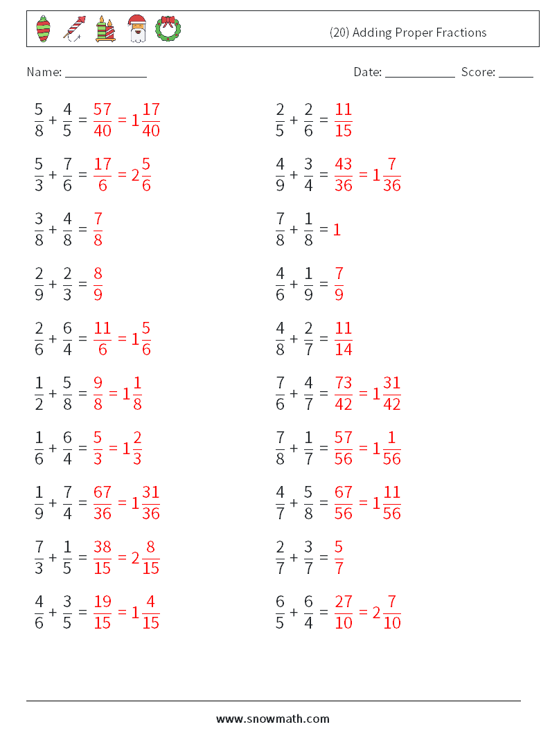 (20) Adding Proper Fractions Math Worksheets 12 Question, Answer