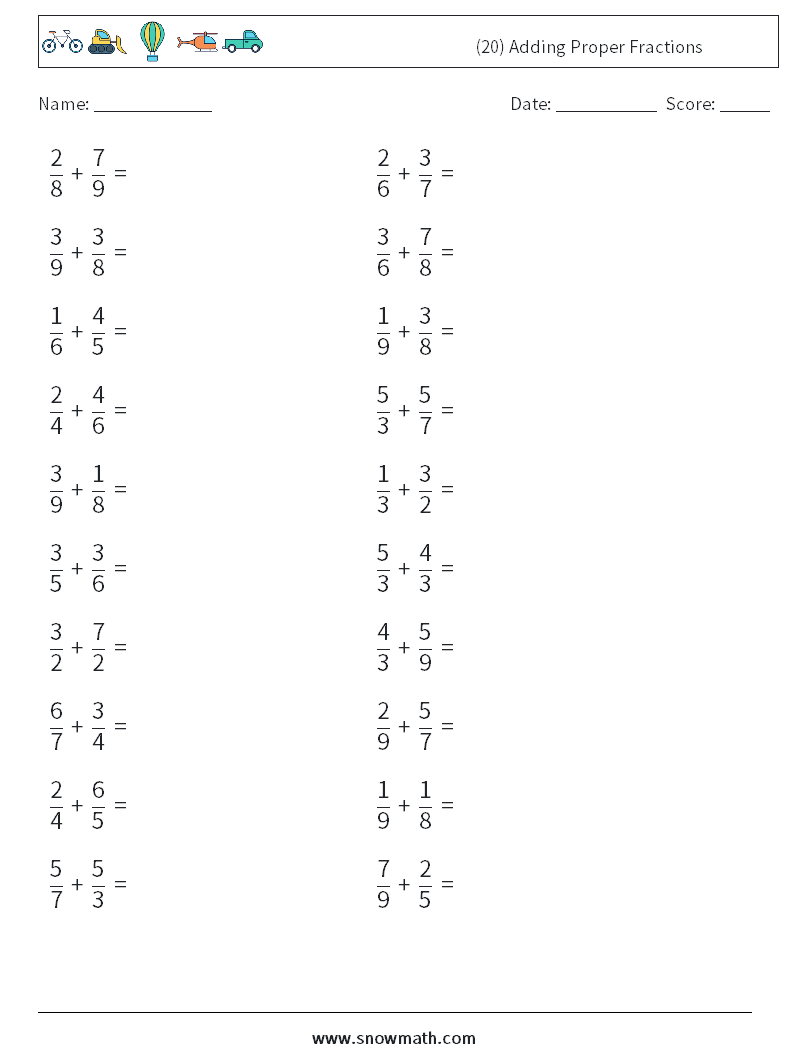 (20) Adding Proper Fractions Math Worksheets 13
