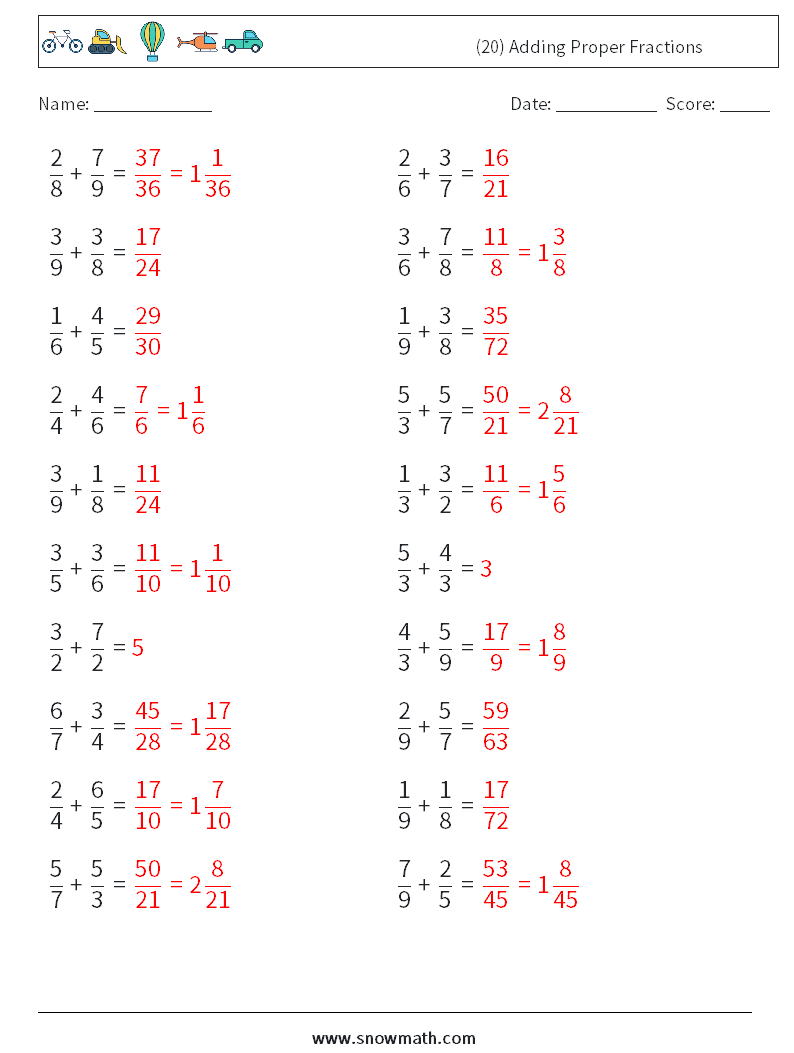 (20) Adding Proper Fractions Math Worksheets 13 Question, Answer