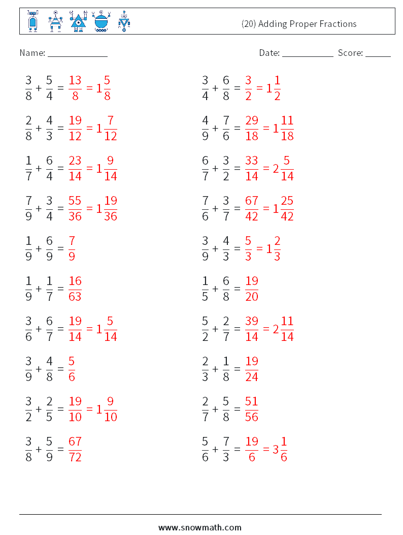 (20) Adding Proper Fractions Math Worksheets 14 Question, Answer