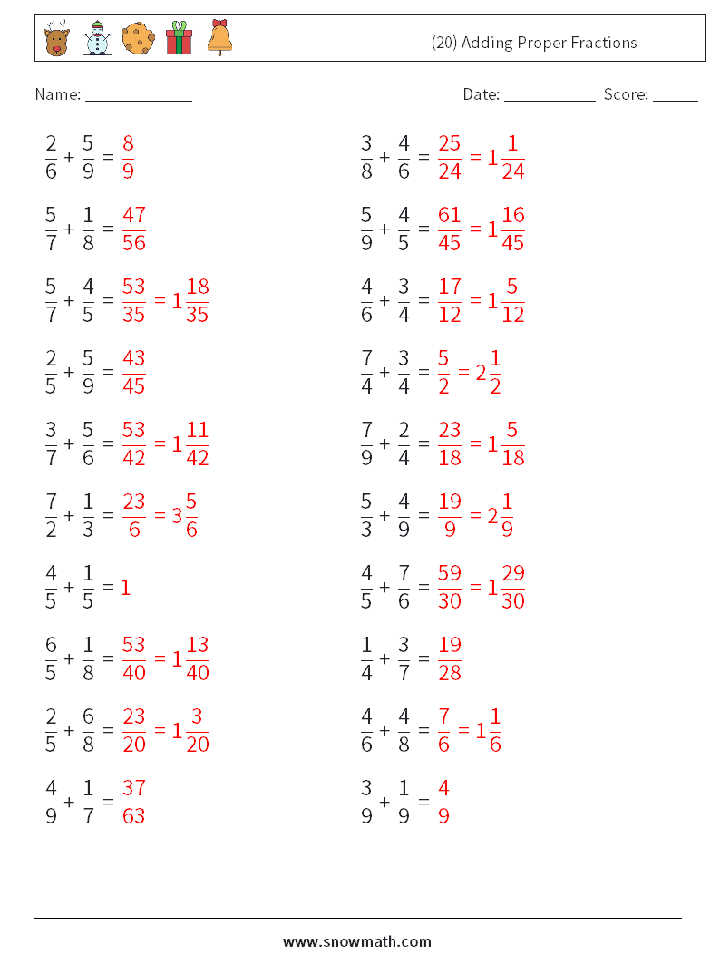(20) Adding Proper Fractions Math Worksheets 15 Question, Answer