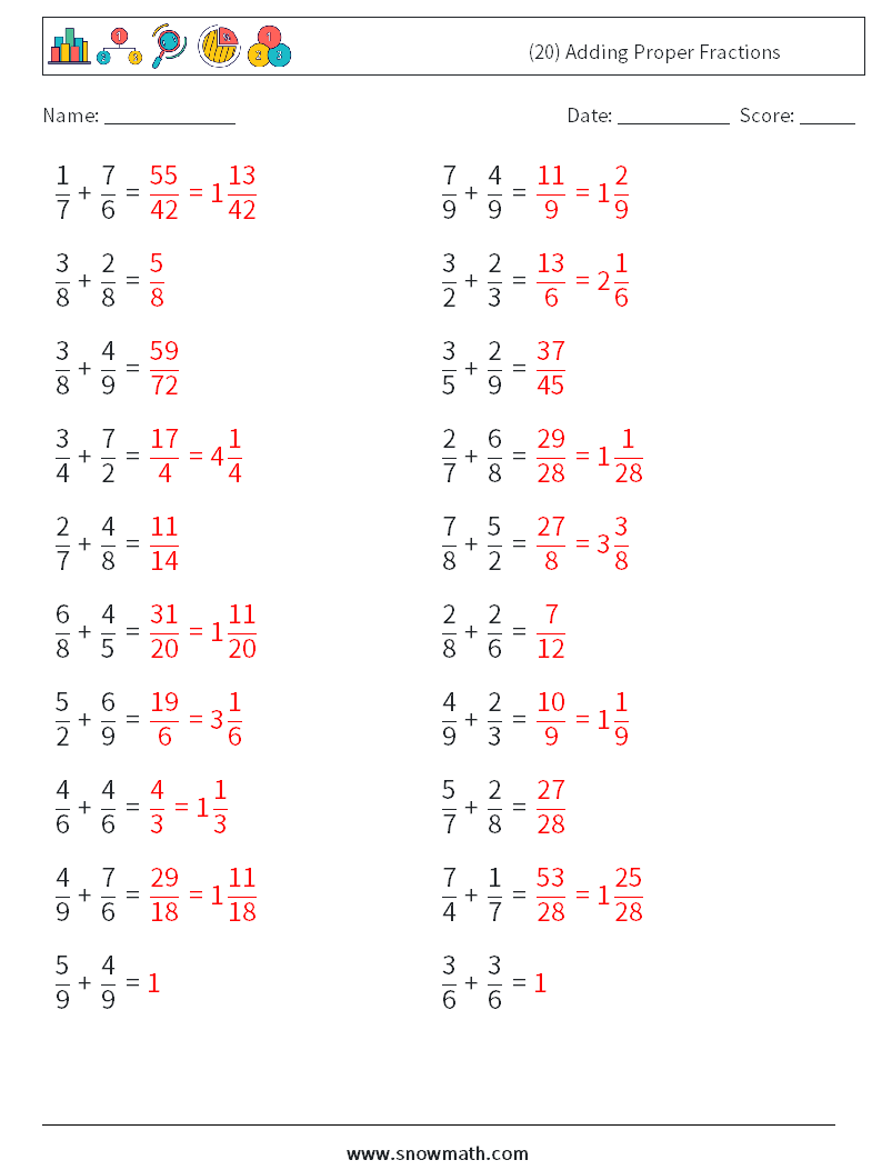 (20) Adding Proper Fractions Math Worksheets 16 Question, Answer