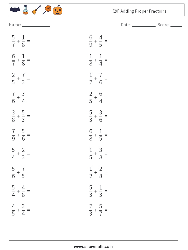 (20) Adding Proper Fractions Maths Worksheets 17