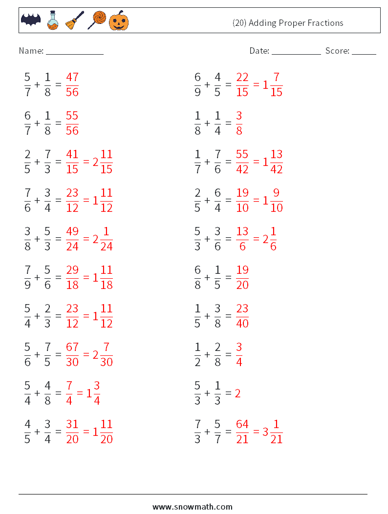 (20) Adding Proper Fractions Math Worksheets 17 Question, Answer