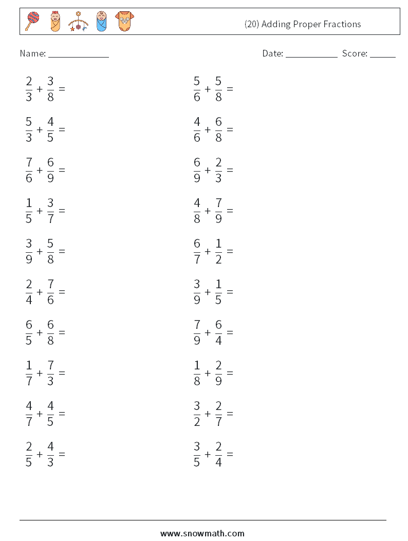 (20) Adding Proper Fractions Math Worksheets 18