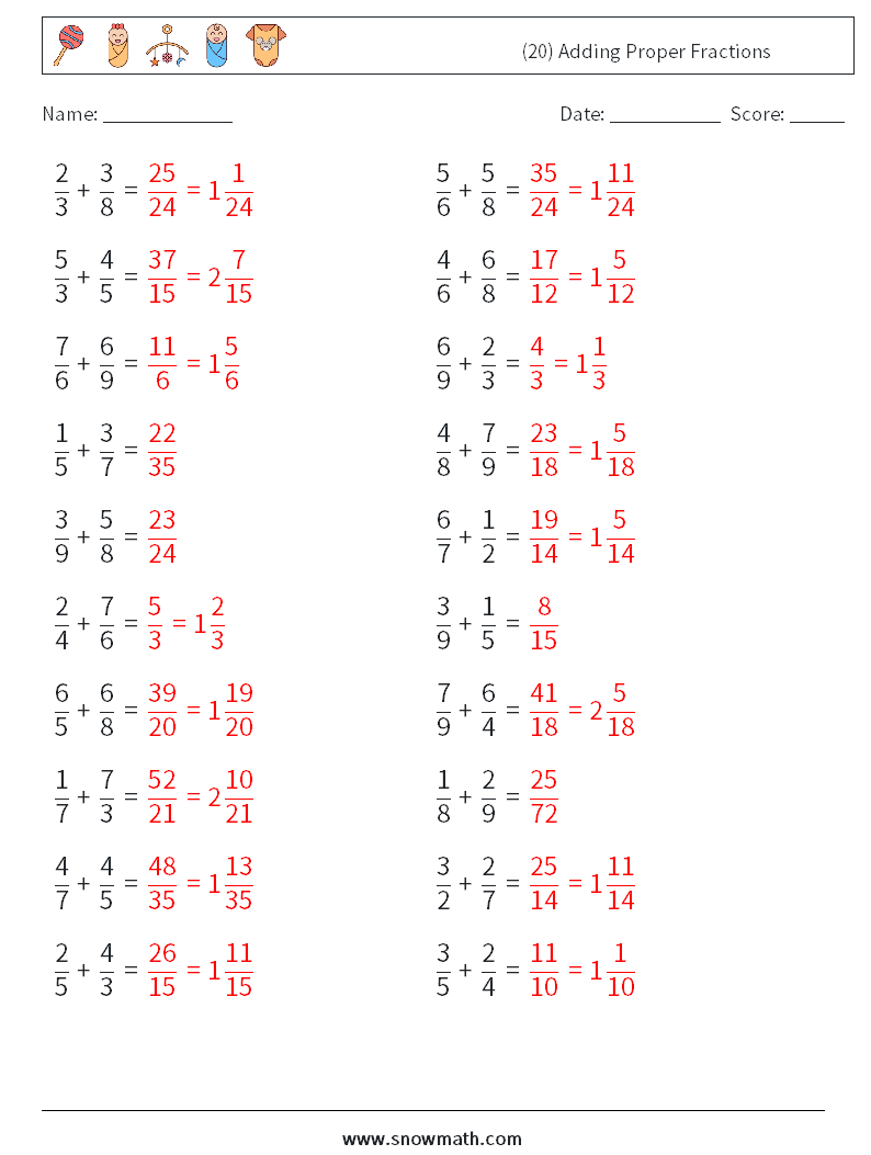 (20) Adding Proper Fractions Math Worksheets 18 Question, Answer