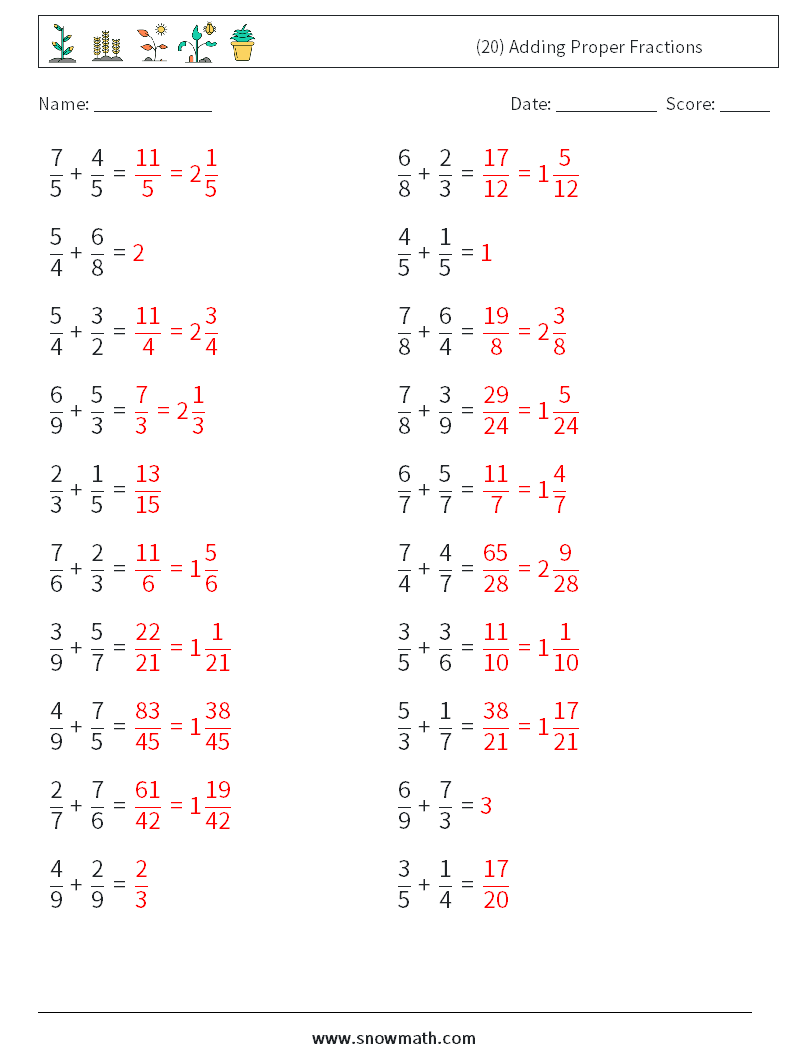 (20) Adding Proper Fractions Math Worksheets 1 Question, Answer