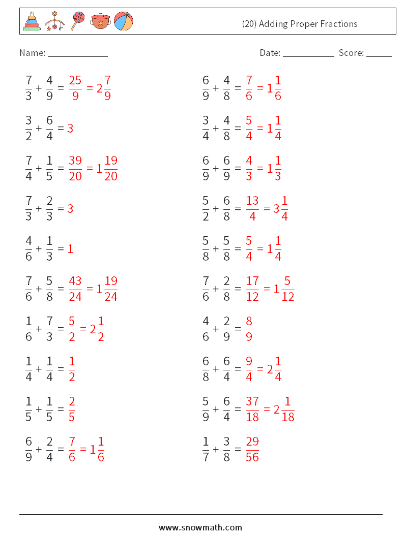 (20) Adding Proper Fractions Math Worksheets 2 Question, Answer