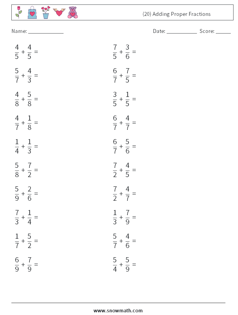(20) Adding Proper Fractions Maths Worksheets 5